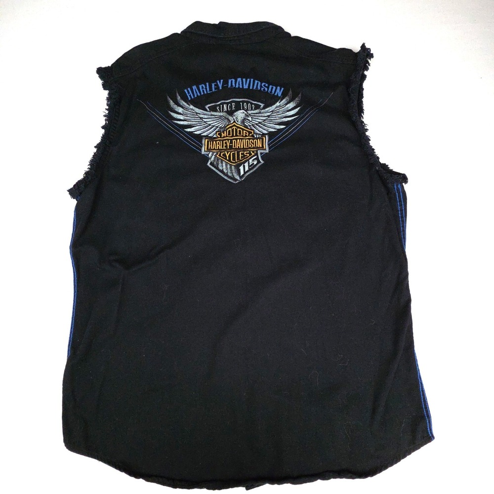 Harley-Davidson 115th Anniversary Sleeveless Shirt Mens Large Black Denim Cotton